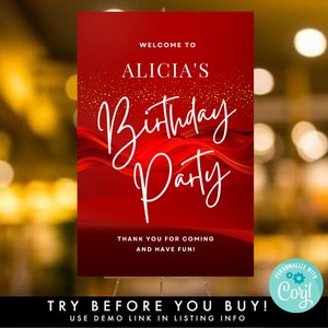 Red & Gold Dust Birthday Welcome Sign Template, Printable Birthday Door Entrance Poster, Adult Birthday, DIY 24X36" Party Decor Easel Sign