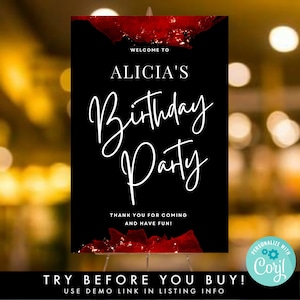 Black & Red Birthday Welcome Sign Template, Printable Birthday Door Entrance Poster, Birthday DIY 24X36" Party Decor Easel Sign