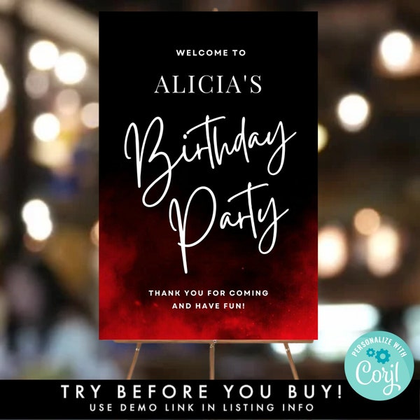 Black and Red Birthday Welcome Sign Template, Printable Birthday Door Entrance Poster, Adult Birthday, DIY 24X36" Party Decor Easel Sign