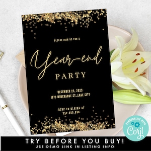 Modelo de convite para festa de fim de ano com confete preto e dourado, convite digital editável para função de agradecimento anual da equipe da empresa