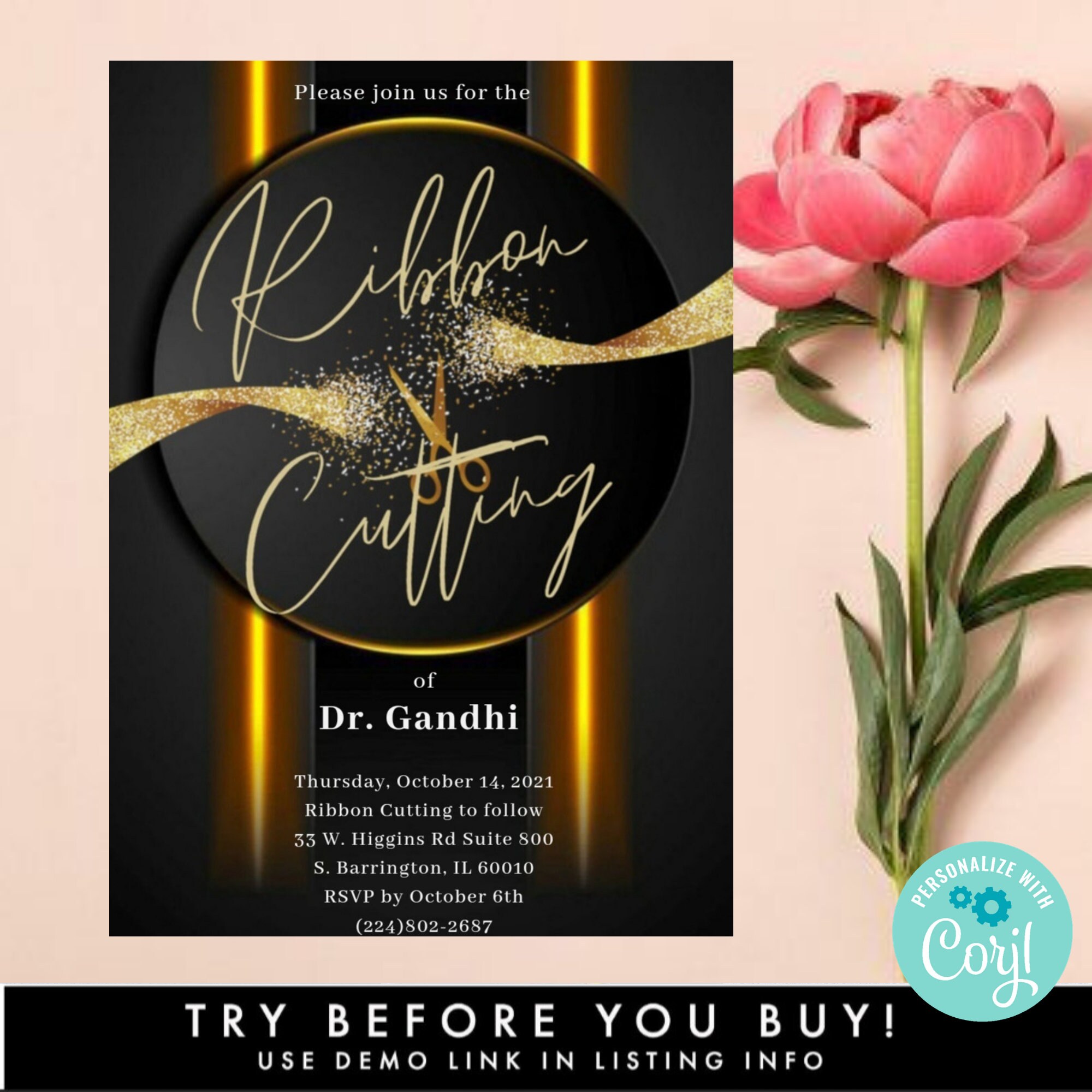 Black & Gold Ribbon Cutting Invitation Editable Template, DIY Modern ...