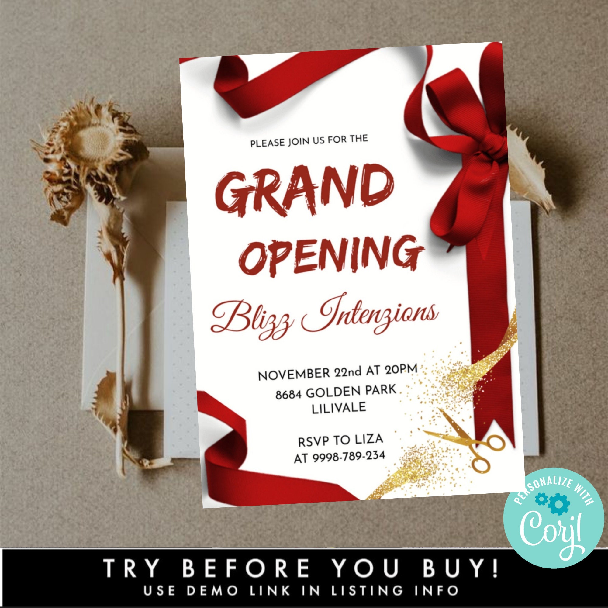 Cream Theme Inauguration Invitation Template with Red Ribbon