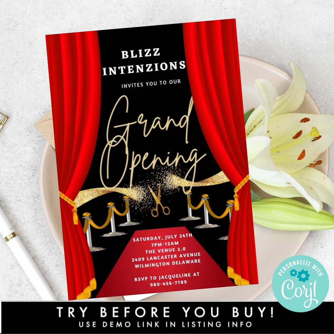 Plantilla de invitación de gran inauguración con alfombra roja, folleto de  gran inauguración editable para hacer uno mismo, invitación a fiesta de ..., image size:1080x1080