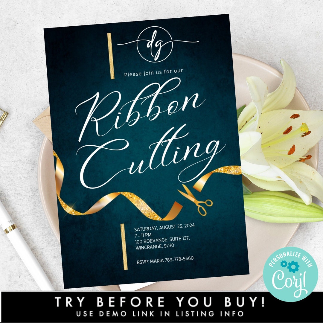 Blue & Gold Ribbon Cutting Invitation Editable Template, DIY Modern ...