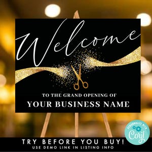 Grand Opening Welcome Sign Template, Printable Digital Download, Ribbon Cutting Door Signage, Black&Gold Launch Party Easel Poster
