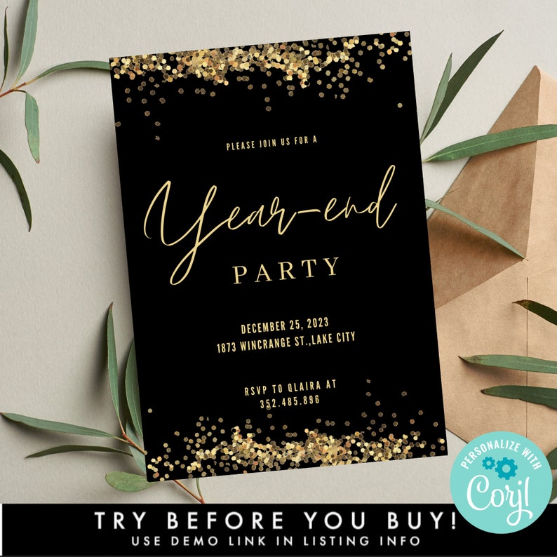 Black & Gold Confetti Yearend Party Invitation Template, Editable