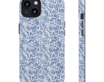 Blue Lace Pattern iPhone Case, Elegant Style, Impact Resistant