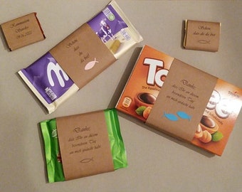 10 Kraftpapier Schokoladen-Banderolen -Schön, dass du da bist- ; Danke, ... - für 100g Milka/Ritter Sport + Mini oder Toffifee