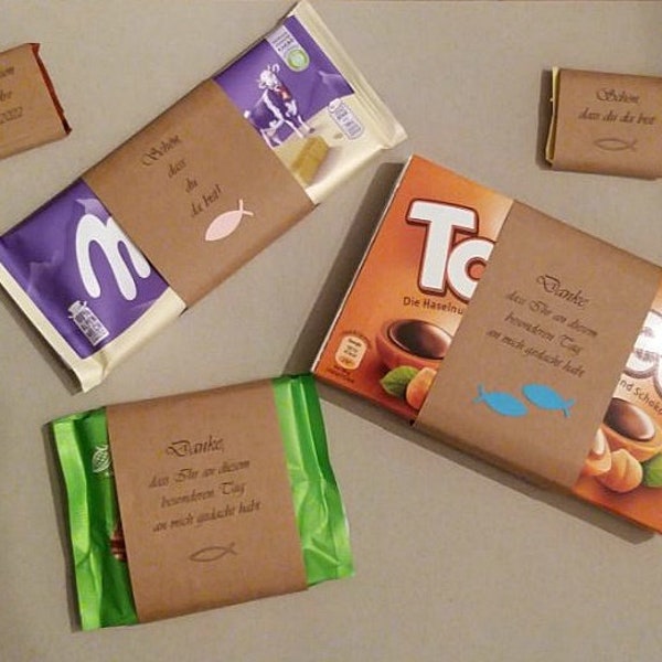 10 Kraftpapier Schokoladen-Banderolen -Schön, dass du da bist- ; Danke, ... - für 100g Milka/Ritter Sport + Mini oder Toffifee