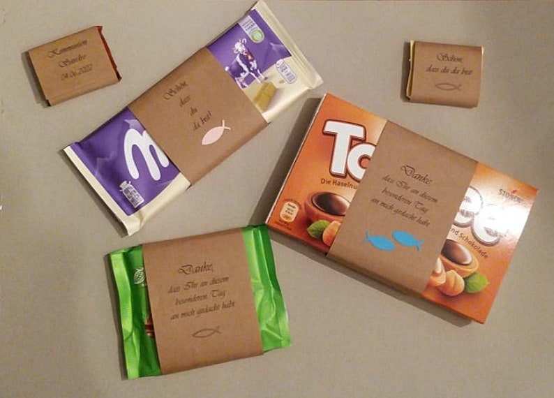 10 Kraftpapier Schokoladen-Banderolen Schön, dass du da bist Danke, ... für 100g Milka/Ritter Sport Mini oder Toffifee Bild 1