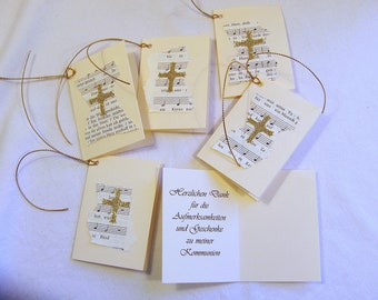 20 Thank you card cream communion cross/fish/dove/heart + ribbon handmade