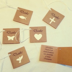 20 Kraftpapier-Kärtchen Dankeschön Konfirmation/Kommunion/Hochzeit/Taufe/... gelocht mit Motiv + Band Handarbeit
