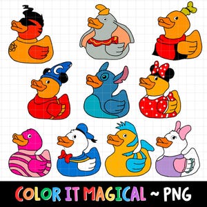 May include: A collection of cartoon rubber ducks in various colors and designs. Each duck is styled after a different character, including a wizard, a mouse with a red bow, and a duck with a blue sailor hat. The phrase "COLOR IT MAGICAL ~ PNG" is at the bottom.