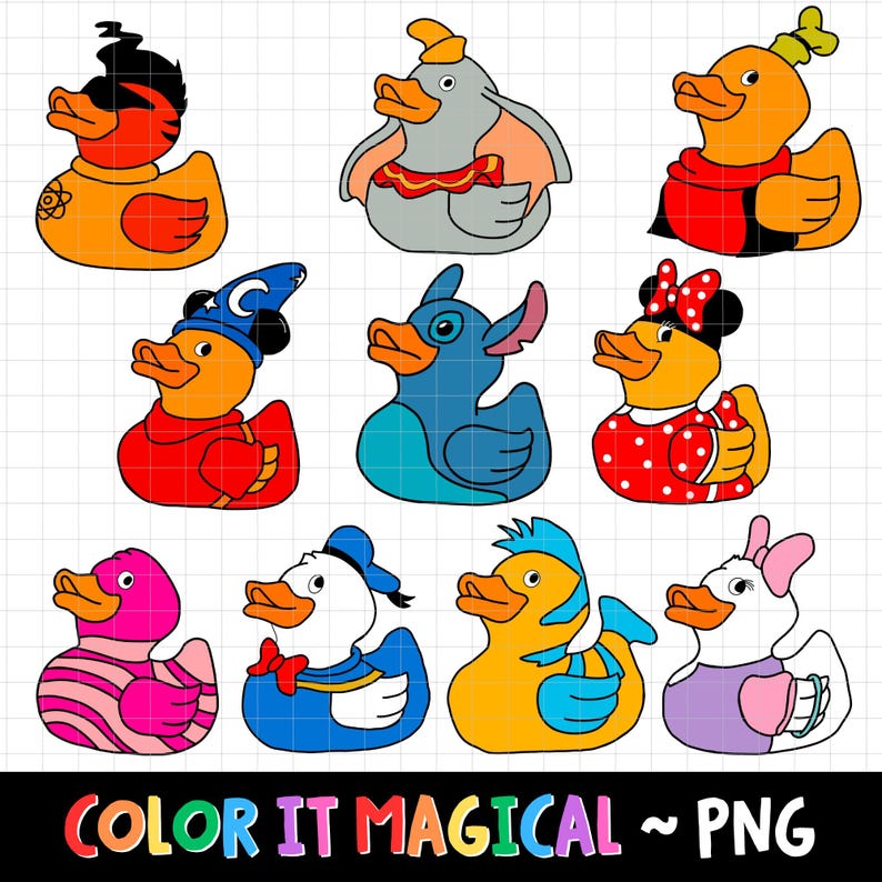 May include: A collection of cartoon rubber ducks in various colors and designs. Each duck is styled after a different character, including a wizard, a mouse with a red bow, and a duck with a blue sailor hat. The phrase "COLOR IT MAGICAL ~ PNG" is at the bottom.