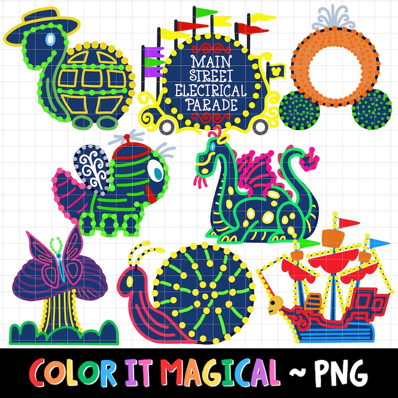 May include: A collection of colorful, whimsical illustrations of parade floats and creatures, including a turtle, dragon, and snail, with the text "Main Street Electrical Parade" and "Color It Magical ~ PNG". The designs feature neon-like outlines.