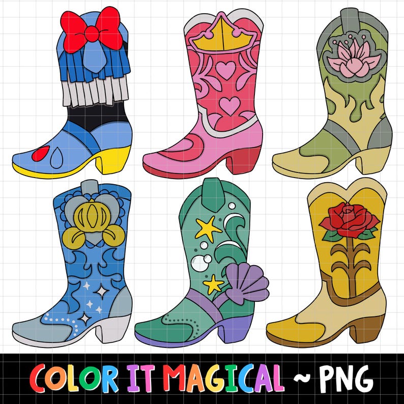 May include: Six colorful cowboy boots with fairytale-themed designs. Boots include a red bow, hearts, a crown, a pumpkin carriage, stars, and a seashell. The boots are in shades of blue, pink, green, yellow, and tan. The text "COLOR IT MAGICAL ~ PNG" is at the bottom.