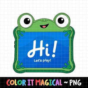 Peut inclure: Une tablette verte en forme de grenouille avec de grands yeux et une bouche souriante. L'écran est bleu avec le texte blanc Hi! Let's play! L'appareil présente des pieds de grenouille aux coins et une grille sur la surface de l'écran.