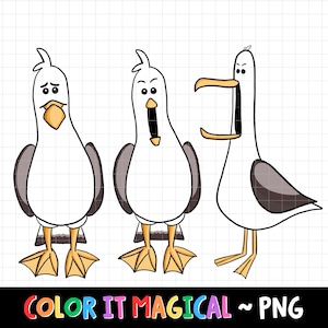 May include: Three cartoon seagulls with different expressions. The seagulls are white with grey wings, yellow beaks and feet. The text "COLOR IT MAGICAL ~ PNG" is at the bottom of the image.