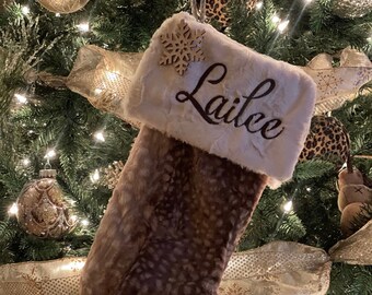 Personalized Christmas Stockings Fawn and Ivory Fur with Soft Fur Cuffs and Wooden Snowflake Ornaments. Custom Machine Embroidered.
