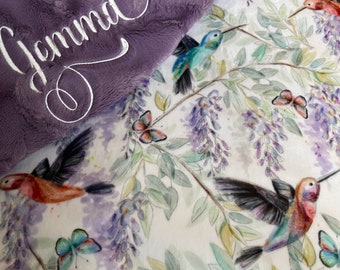Hummingbird Blanket, Personalized Baby Girl Blanket, Floral Blanket, Embroidered Blanket, Baby Blanket, Lap Blanket, Gift for Adult