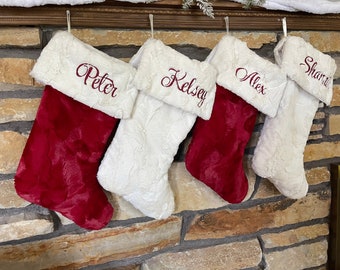 Ivory and Red Christmas Stockings.  Personalized Christmas Stocking, Fur Christmas Stockings, Red Bow Optional