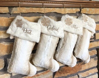 White Birch and Ivory Fur Personalized Christmas Stockings.  Soft Fur Sock and with Soft Fur Cuffs.