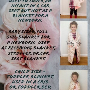 May include: Three pink and white floral blankets with text describing their size and use. The text reads "Lovey Size", "Baby Size", and "Child Size".