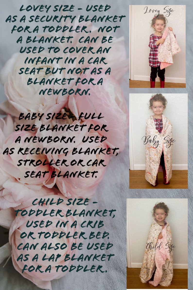 May include: Three pink and white floral blankets with text describing their size and use. The text reads "Lovey Size", "Baby Size", and "Child Size".