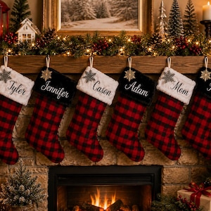 Red Buffalo Plaid Personalized Christmas Stockings with Fur Cuffs,  Machine Embroidered, Includes Snowflake Ornament