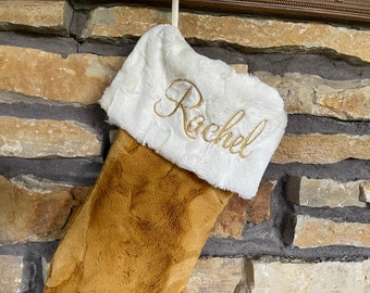 Gold Fur Personalized Christmas Stockings.  Soft Fur Sock and with Soft Fur. Gold embroidery with Gold Ribbon