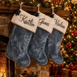 Slate medium blue Plush Fur Personalized Christmas Stockings.  Soft Fur Sock with Soft Fur Cuffs.  Wooden Snowflake Ornament optional.