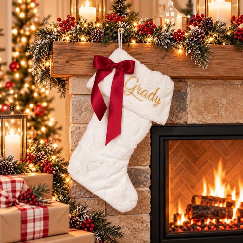 Chaussettes de Noël personnalisées en fourrure ivoire. Chaussette et revers en fourrure douce. Nœud rouge en option.