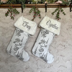 Personalized Boho Christmas Stocking with Fur Cuff - Neutral Floral Design