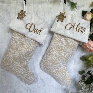 Custom Beige/Tan Lace Stocking with White Fur Cuff - Personalized Christmas Mantel Decor