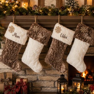 Coordinating Fawn Fur and Ivory Fur Personalized Christmas Stockings.  Soft Fur Sock with Soft Fur Cuffs.  Includes Wooden Snowflake.