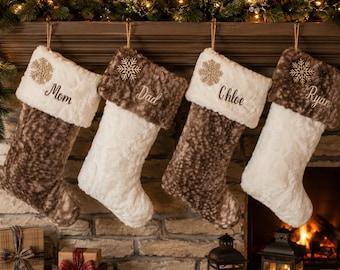 Coordinating Fawn Fur and Ivory Fur Personalized Christmas Stockings.  Soft Fur Sock with Soft Fur Cuffs.  Includes Wooden Snowflake.