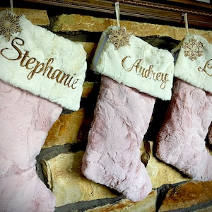 Powder Pink and Ivory Fur Personalized Christmas Stockings.  Soft Fur Sock and with Soft Fur Cuffs.  Includes Wooden Snowflake Ornament.