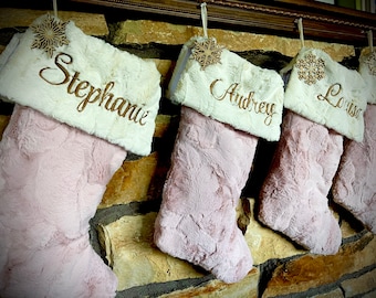 Powder Pink and Ivory Fur Personalized Christmas Stockings.  Soft Fur Sock and with Soft Fur Cuffs.  Includes Wooden Snowflake Ornament.