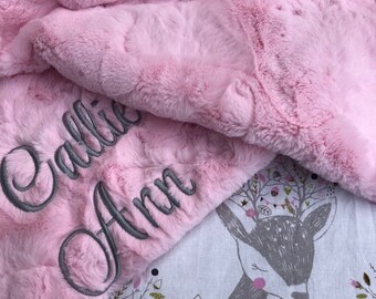 Woodland Baby Girl Blanket: Personalized Minky Blanket, Embroidered Name