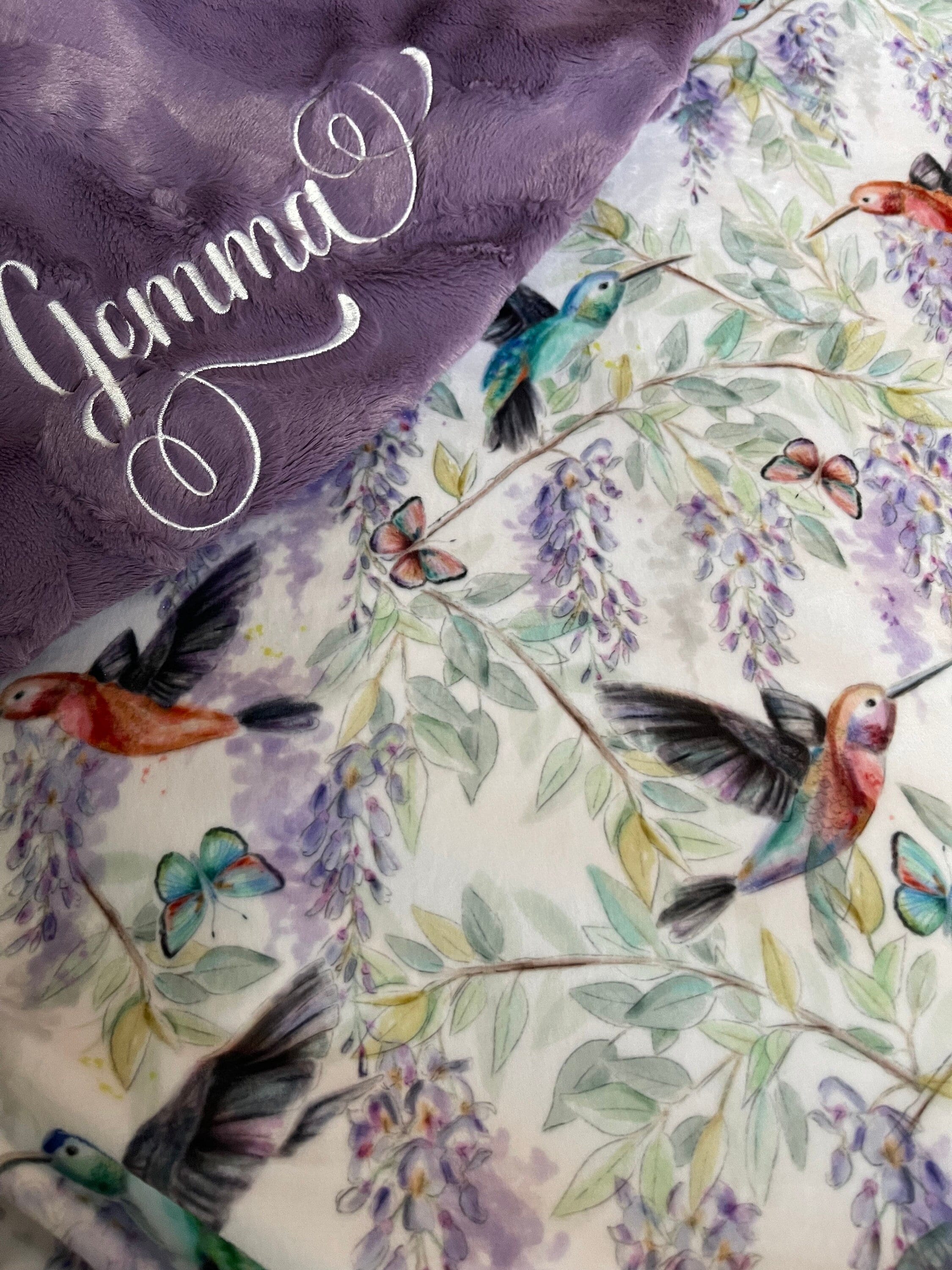 Hummingbird Blanket, Personalized Baby Girl Blanket, Floral Blanket, Embroidered Blanket, Baby Blanket, Lap Blanket, Gift for Adult