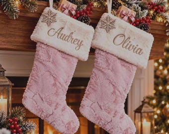 Personalized Powder Pink Minky Christmas Stocking with Ivory Fur Cuff, Snowflake Ornament