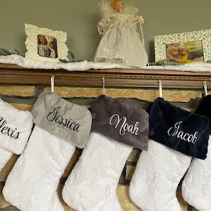 White Personalized Christmas Stockings.  Choose from Grey, Blue, Black and White Cuffs.