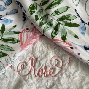 Personalized Blanket, Floral Foilage Embroidered Blanket made of soft Minky. Lap Blanket size makes a perfect gift for an adult.