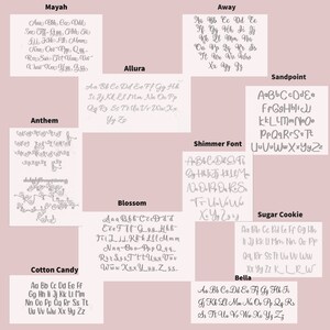 May include: A chart with 10 different font styles, each with the alphabet in lowercase letters. The font styles are: Mayah, Anthem, Cotton Candy, Allura, Blossom, Away, Shimmer Font, Sandpoint, Sugar Cookie, and Bella.