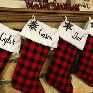 Red Buffalo Plaid Personalized Christmas Stockings with Fur Cuffs,  Machine Embroidered, Includes Snowflake Ornament