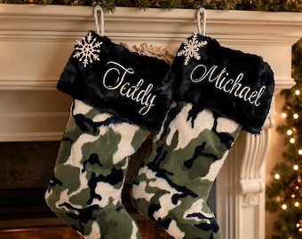 Personalized Christmas Stocking in Camoflauge, Black Fur Cuff, Embroidered Name, great gift for a hunter