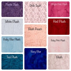 May include: A collage of 12 fabric swatches in various colors and textures, including purple, pink, white, red, peach, blue, and teal. Each swatch has a descriptive label, such as "Purple Plush", "Pink Swirl", and "Baby Blue Plush".