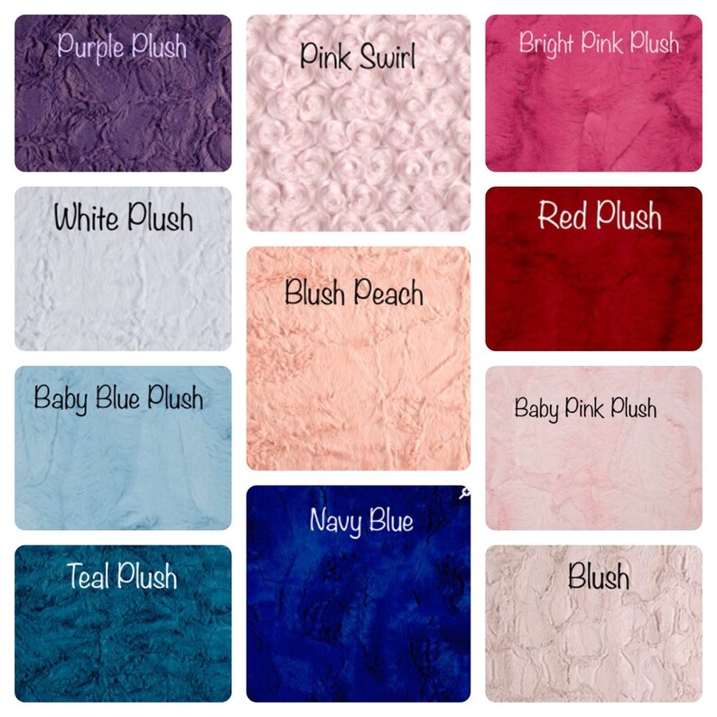 May include: A collage of 12 fabric swatches in various colors and textures, including purple, pink, white, red, peach, blue, and teal. Each swatch has a descriptive label, such as "Purple Plush", "Pink Swirl", and "Baby Blue Plush".