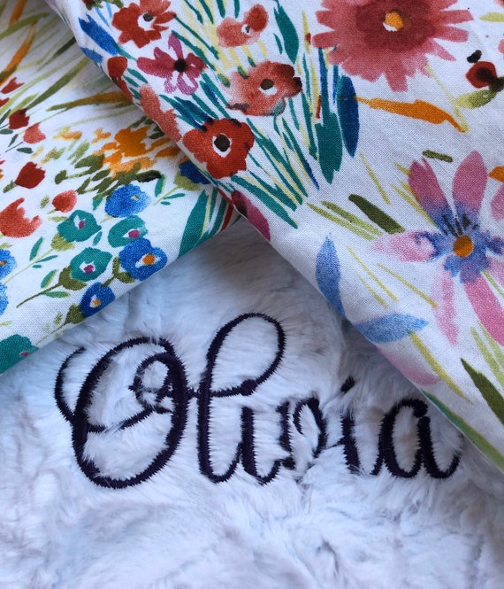 Wildflower Minky Baby Blanket: Personalized Embroidered Girl Bedding
