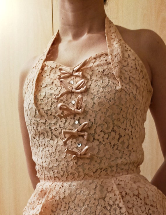 1950s light pink pencil dress with rhinestone Gem